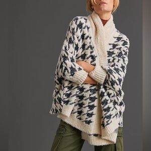 Anthropologie Maeve Houndstooth Shawl Oversized Fluffy Open Cardigan, One Size